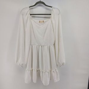 Altar'd State White Long Sleeve Bohemian Tiered Mini Dress with Sweetheart Neck